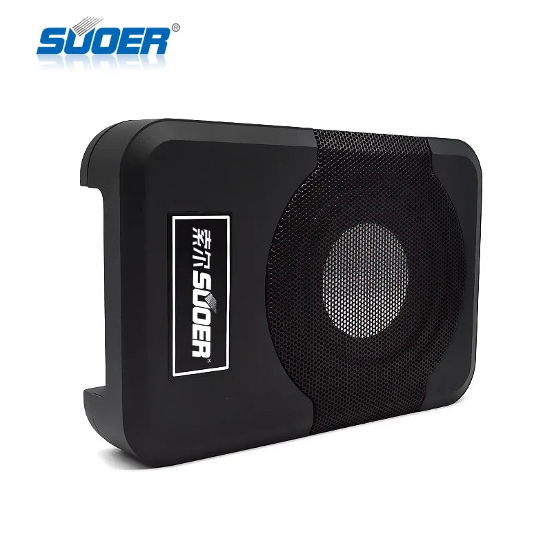 Black 8 inch flat subwoofer with mesh grille and sleek rectangular design for power subwoofer car audio refit