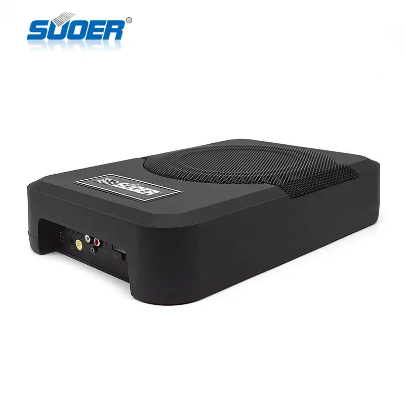Black 8 inch flat power subwoofer car with textured grille and visible audio input ports for car audio refit