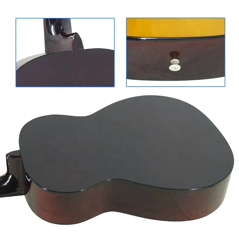 Black glossy classical guitar custom body with yellow top white tuning pegs maple neck basswood sale aiersi handmade