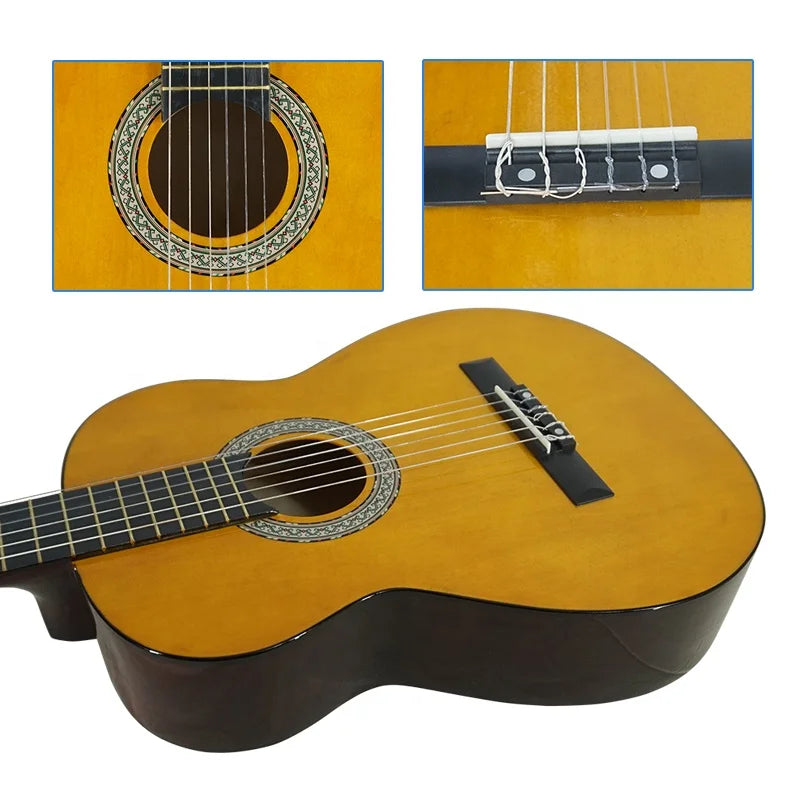 Classic guitar custom with warm golden-brown basswood body maple neck and ornate black silver inlaid rosette sale aiersi handmade