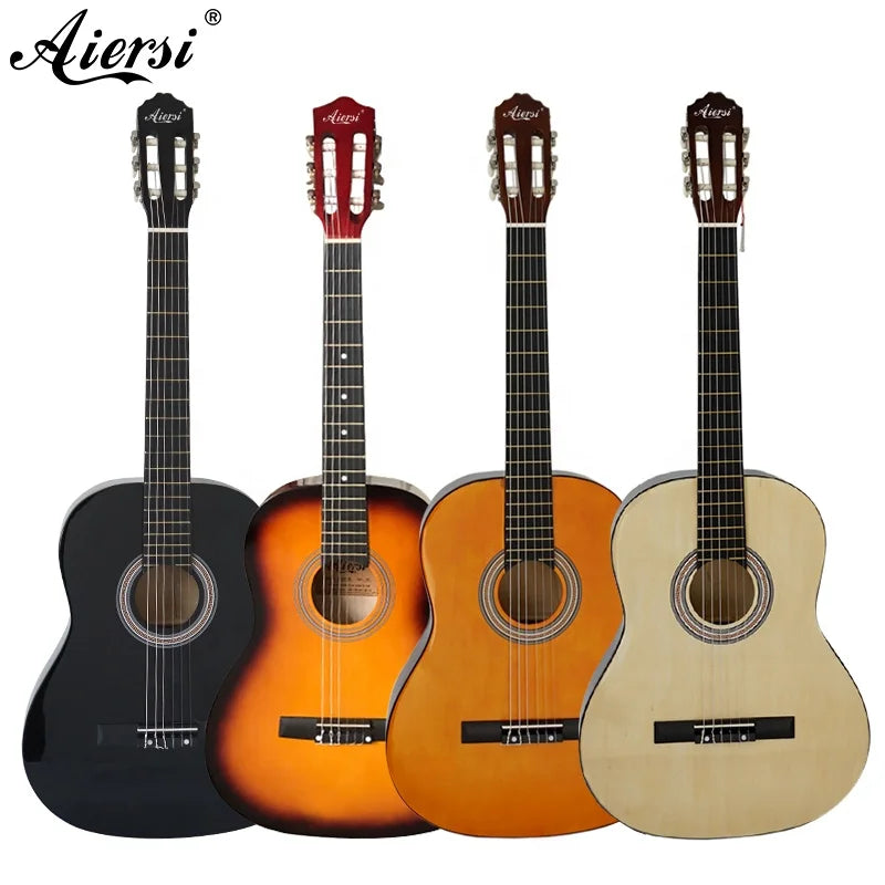 Four aiersi handmade classical guitars in black sunburst natural wood and light beige with maple neck basswood body