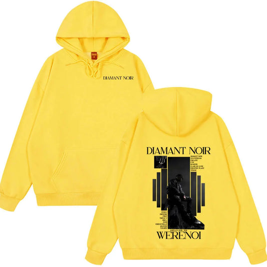 Bright yellow cotton sale hoody rapper featuring werenoi diamant noir black graphic print in hip hop fashion style