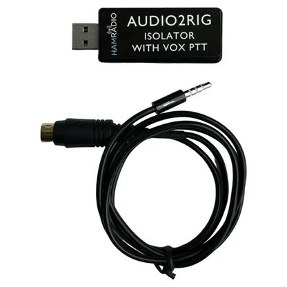 Black usb audio isolator with vox ptt and coiled cable rca and 3.5mm jack digital modes interface with built-in audio codec