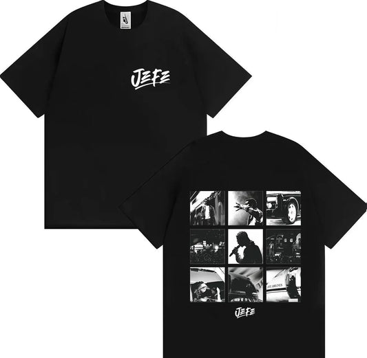 Black short sleeve cotton y2k jefe harajuku tshirt with white logo front and black and white photo grid back for sale rapper ninho