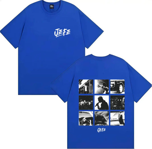 Royal blue jefe harajuku tshirt with white logo and black and white photo grid made of sleeve cotton y2k fabric