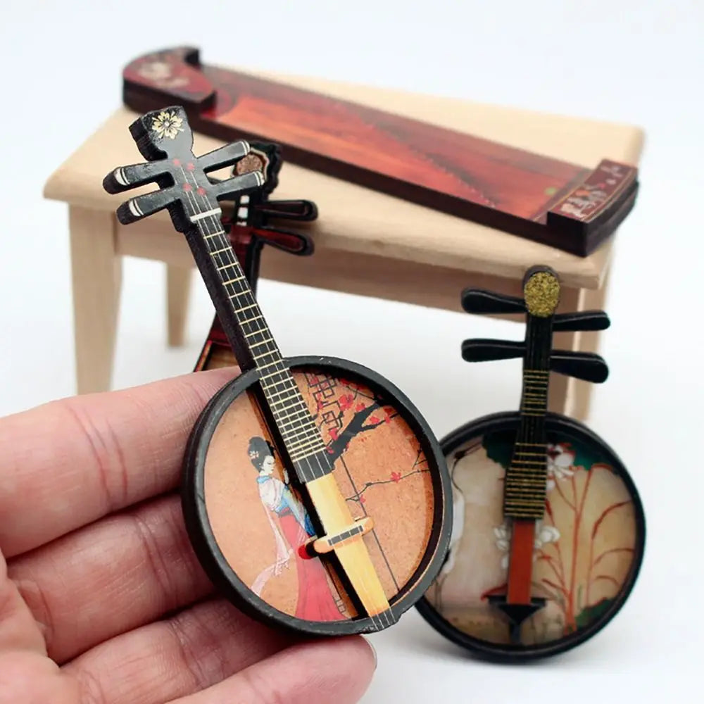 Black-framed miniature wooden dollhouse musical instruments shaped as banjos with chinese classical instrument courtesan pattern