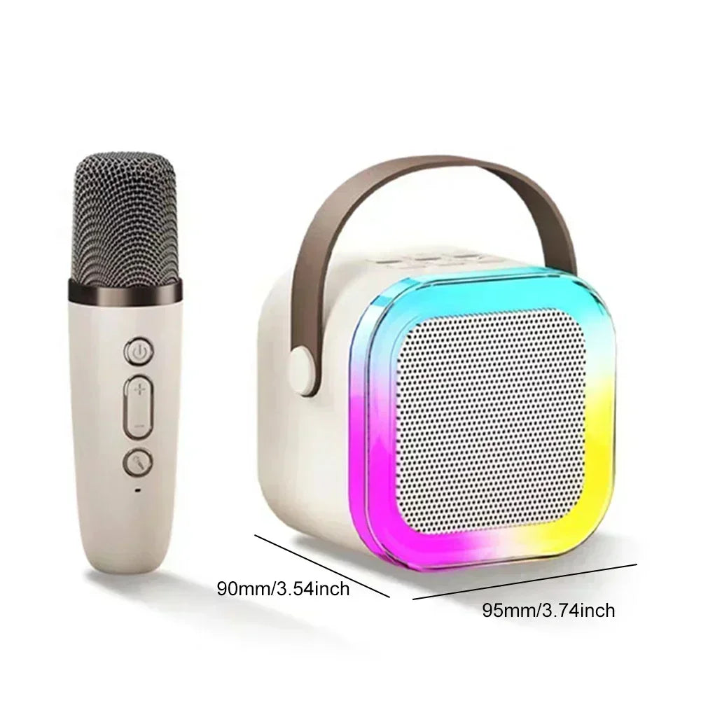 White portable bluetooth speaker with rainbow led lighting and brown handle for hot sales k12 karaoke microphone ktv and singing children’s gifts