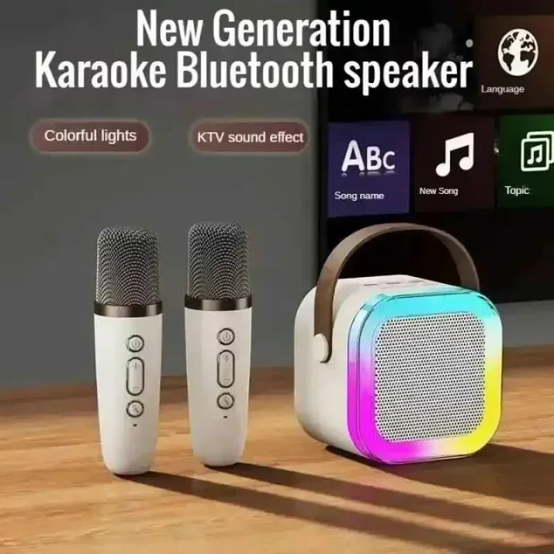 White and rainbow-colored led lit bluetooth karaoke microphone ktv speaker with carrying handle for singing children’s gifts