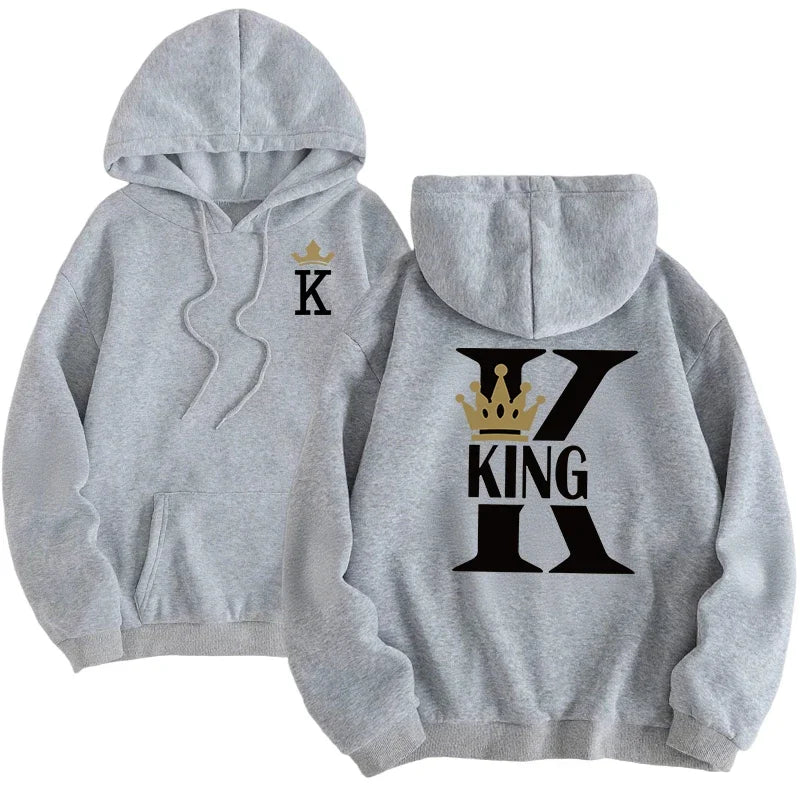 Back of gray hoodie featuring black and gold king queen printing with crown for womens hoodies king daily pullover fall use