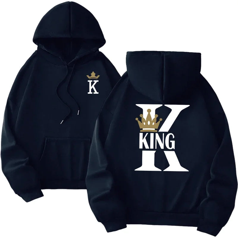 Black hoodie with white and gold king ii crown design on back and matching emblem on chest for daily pullover fall use
