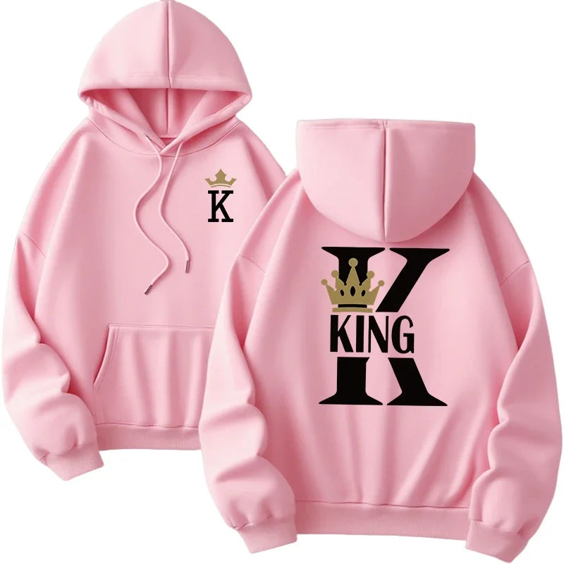Pink hoodie womens hoodies king with black and gold king queen printing on back and crown k on front daily pullover fall