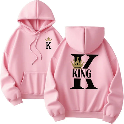 Pink hoodie womens hoodies king with black and gold king queen printing on back and crown k on front daily pullover fall