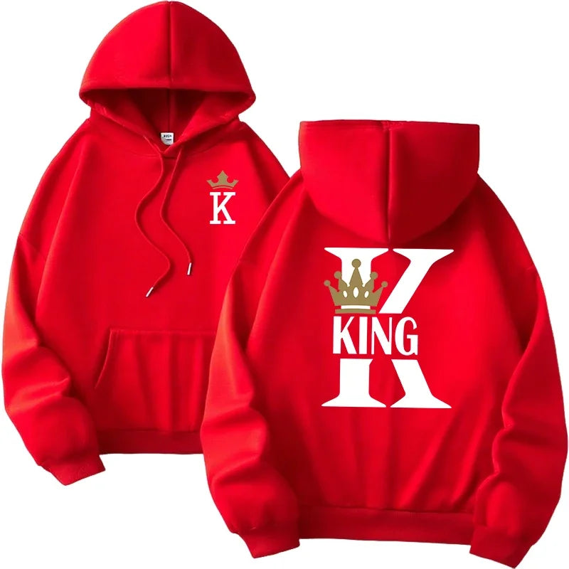 Red hooded sweatshirt featuring white and gold king queen printing for daily pullover fall womens hoodies king style