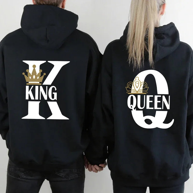 Black hooded sweatshirt with bold white and gold king queen printing and crown designs on the back for daily pullover fall