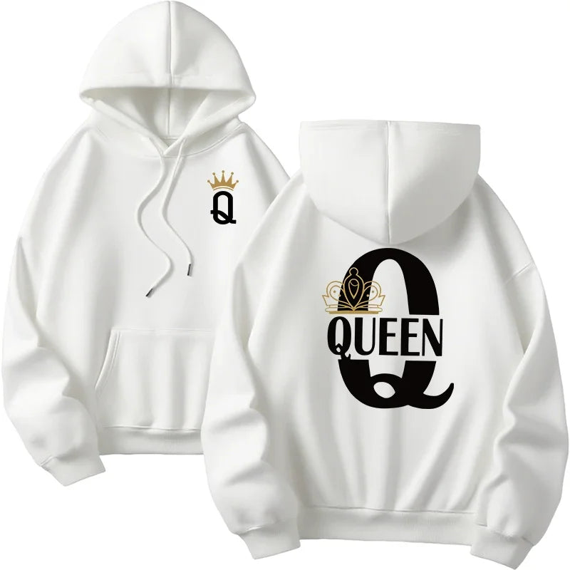 White hoodie with black and gold queen graphic and crown accents front and back king queen printing daily pullover fall
