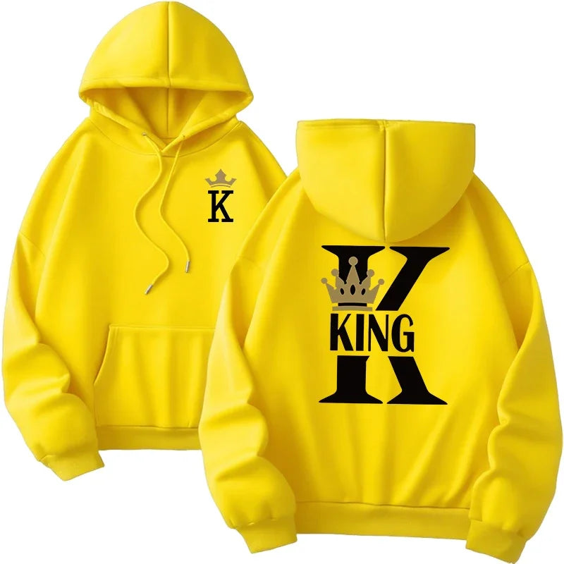 Bright yellow womens hoodies king with bold black king queen printing on back and smaller crowned k on chest daily pullover fall