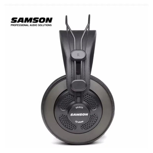 Black samson sr850 wide dynamic professional monitor headset with matte finish and perforated semi-open-back earcups