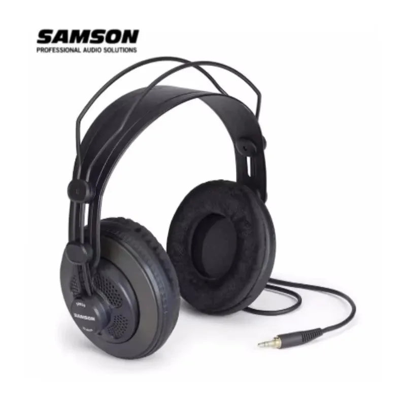 Black samson sr850 over-ear headphones with padded earcups and coiled cable for wide dynamic professional monitoring
