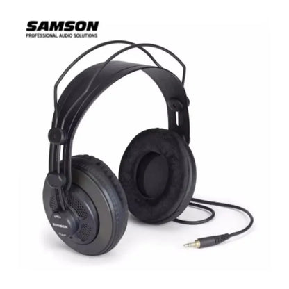 Black samson sr850 over-ear headphones with padded earcups and coiled cable for wide dynamic professional monitoring