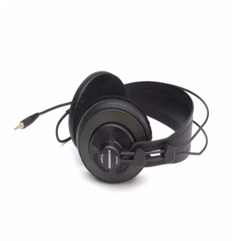 Black samson sr850 semi-open-back studio headphones with padded earcups for wide dynamic professional monitoring