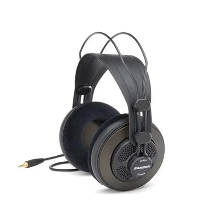 Black samson sr850 over-ear headphones with padded earcups and headband for wide dynamic professional monitoring