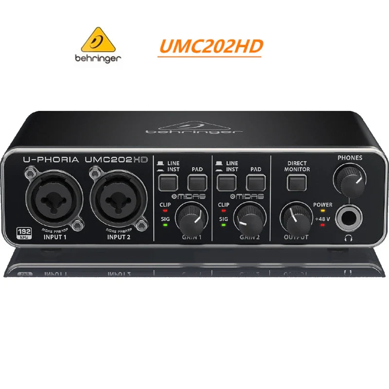 Black behringer umc202hd microphone amplifier usb audio interface with two xlr inputs and headphone output for live recording