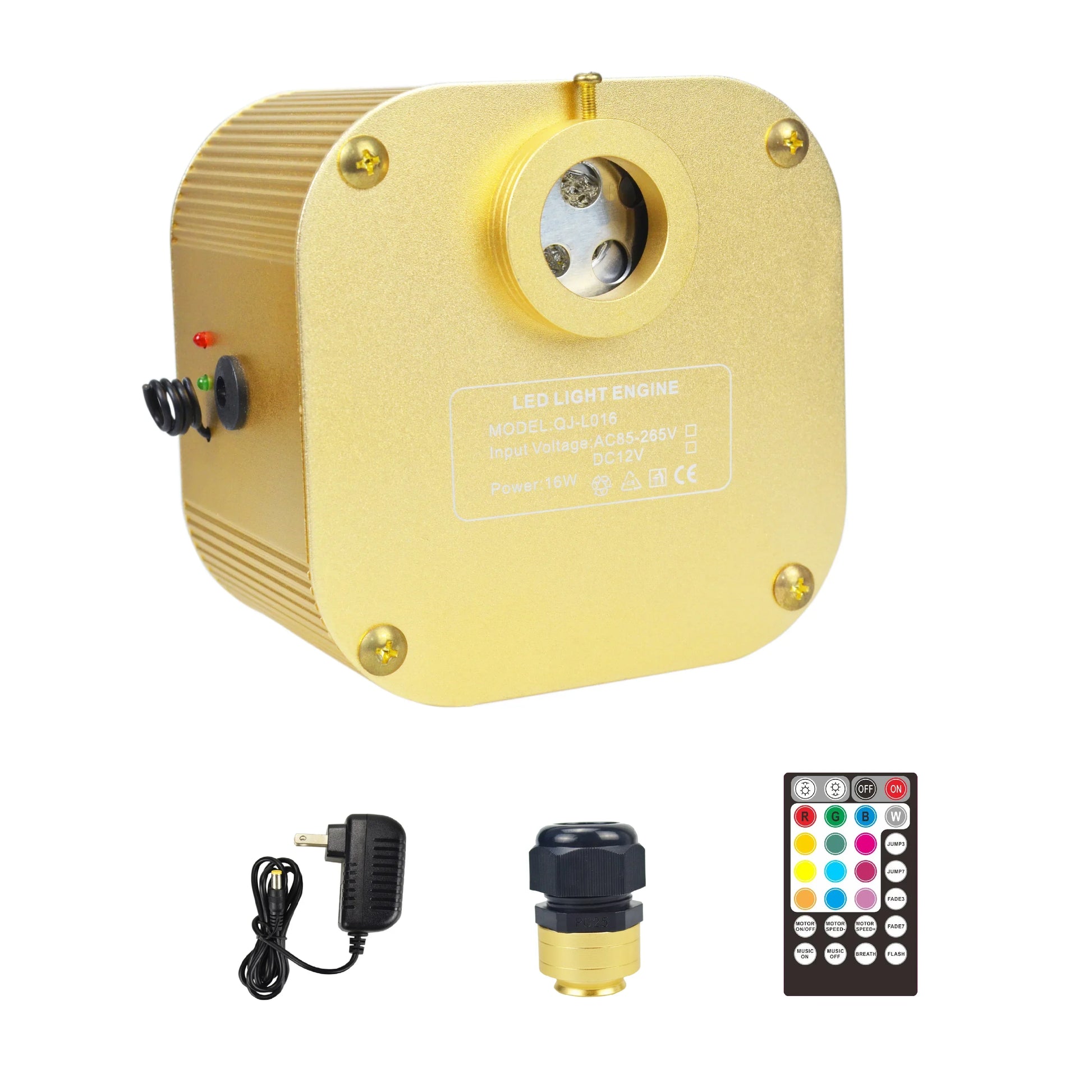 Gold-colored aluminum fiber optic light engine with circular lens and control buttons for golden music control twinkle led rgbw