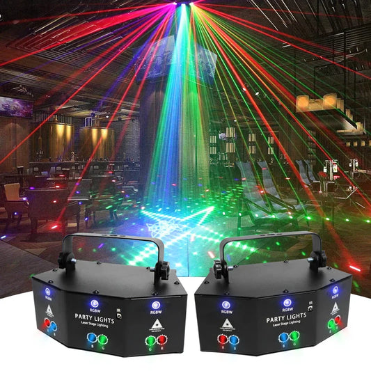 Black hexagonal 9 eyes rgb led laser with rgbw settings and control buttons for events dj equipment and led laser dmx use