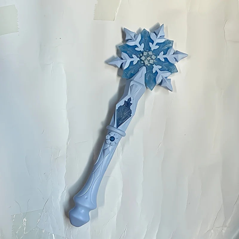 A translucent blue and white anime ice princess elsa light music dream snow wand toy with intricate icy designs