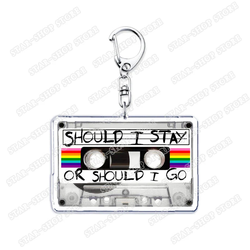 Clear plastic cassette tape elements keychain accessories with rainbow stripes and black text for byers eleven mike jewelry fans gifts