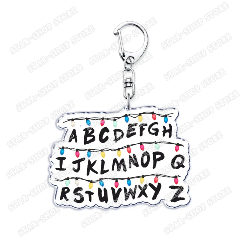 Silver rectangular elements keychain accessories with black alphabet and colorful string lights for byers eleven mike fans gifts