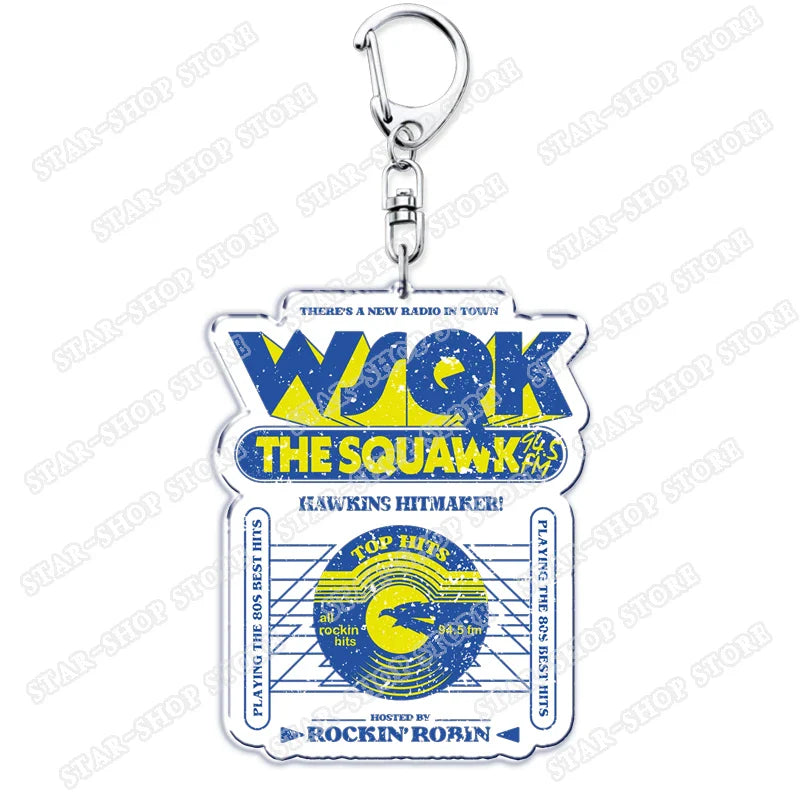 Blue and yellow acrylic elements keychain accessories shaped like vintage radio logo wjok byers eleven mike jewelry fans gifts