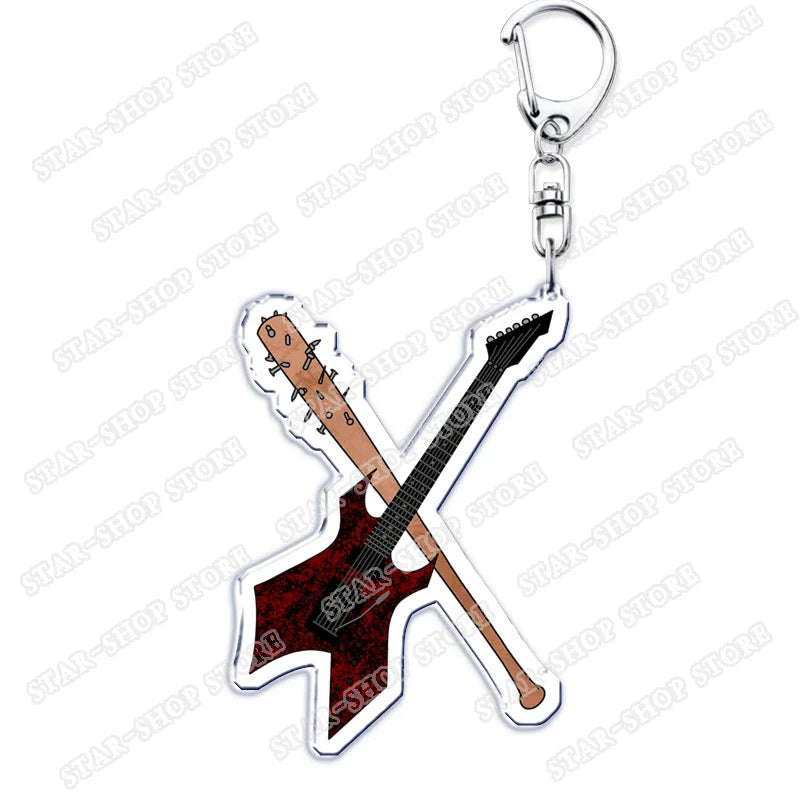 Clear acrylic elements keychain accessories featuring red and black guitar and brown bat for byers eleven mike jewelry fans gifts