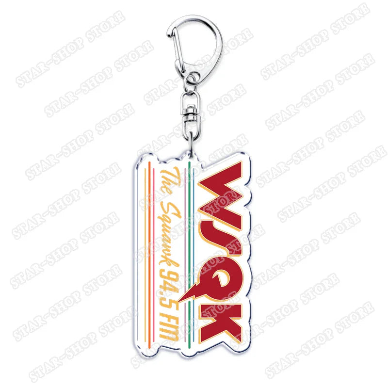A translucent acrylic elements keychain accessory featuring the bold red wsrk logo and rainbow stripes for byers eleven mike jewelry fans gifts