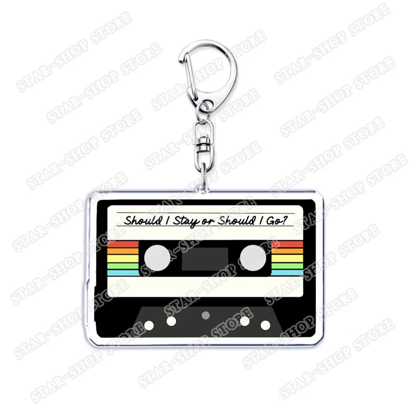 Rectangular cassette tape keychain with rainbow stripes and should i stay or should i go text for byers eleven mike fans gifts