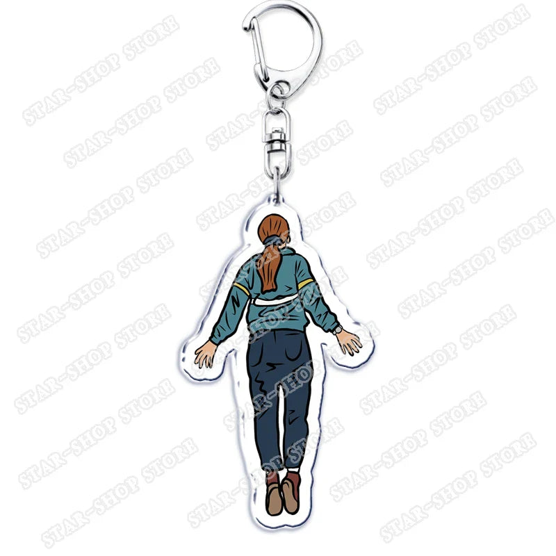 Clear acrylic elements keychain accessories showing back view of person with reddish brown hair for byers eleven mike fans gifts