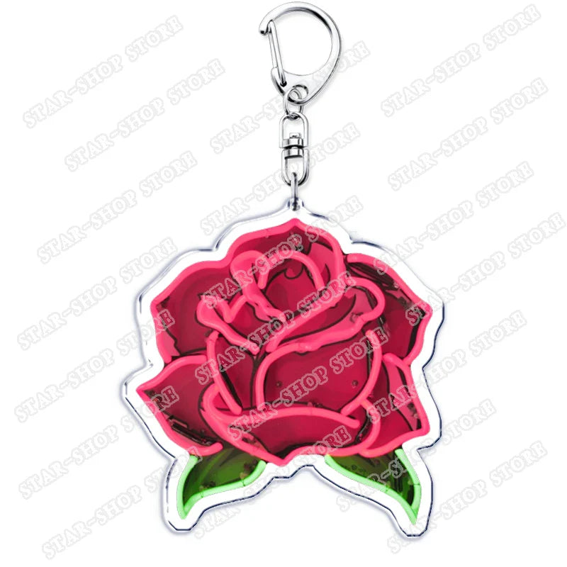 A vibrant pink rose-shaped elements keychain accessory with silver clasp and green leaf accents for byers eleven mike jewelry fans gifts