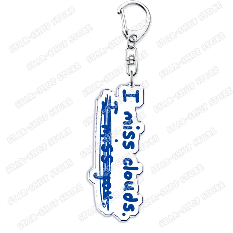 Clear acrylic elements keychain accessories with silver clasp and blue text i miss clouds for byers eleven mike jewelry fans gifts