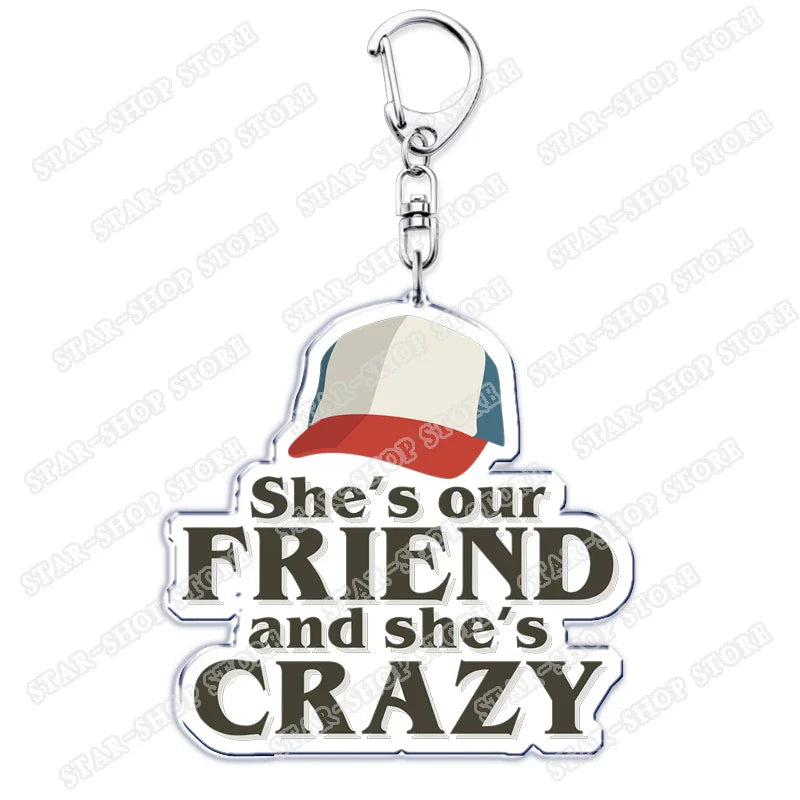 Silver acrylic elements keychain accessories featuring byers eleven mike baseball cap design with bold black text for jewelry fans gifts
