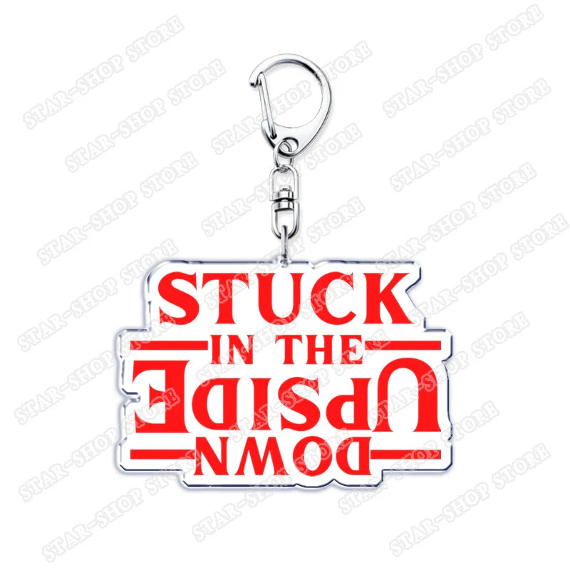 Red and white stuck in the upside down acrylic elements keychain accessories with silver clasp for byers eleven mike jewelry fans gifts