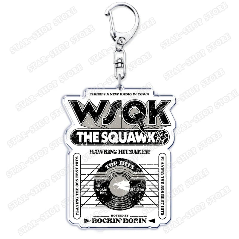 Clear acrylic elements keychain accessories featuring black and white retro wsqk radio design for byers eleven mike jewelry fans gifts