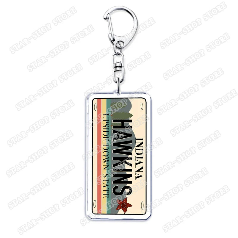 Rectangular metal elements keychain accessories with indiana license plate design for byers eleven mike jewelry fans gifts