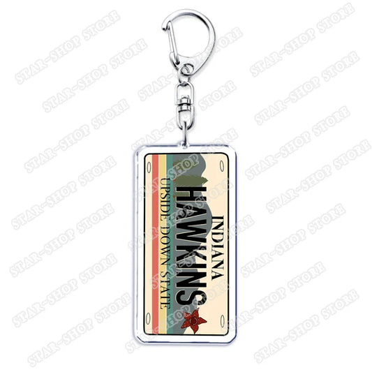 Rectangular metal elements keychain accessories with indiana license plate design for byers eleven mike jewelry fans gifts