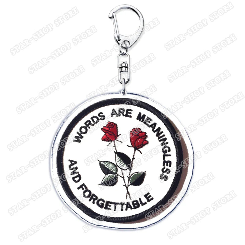 Circular silver elements keychain accessories with embroidered red roses and black text for byers eleven mike fans gifts