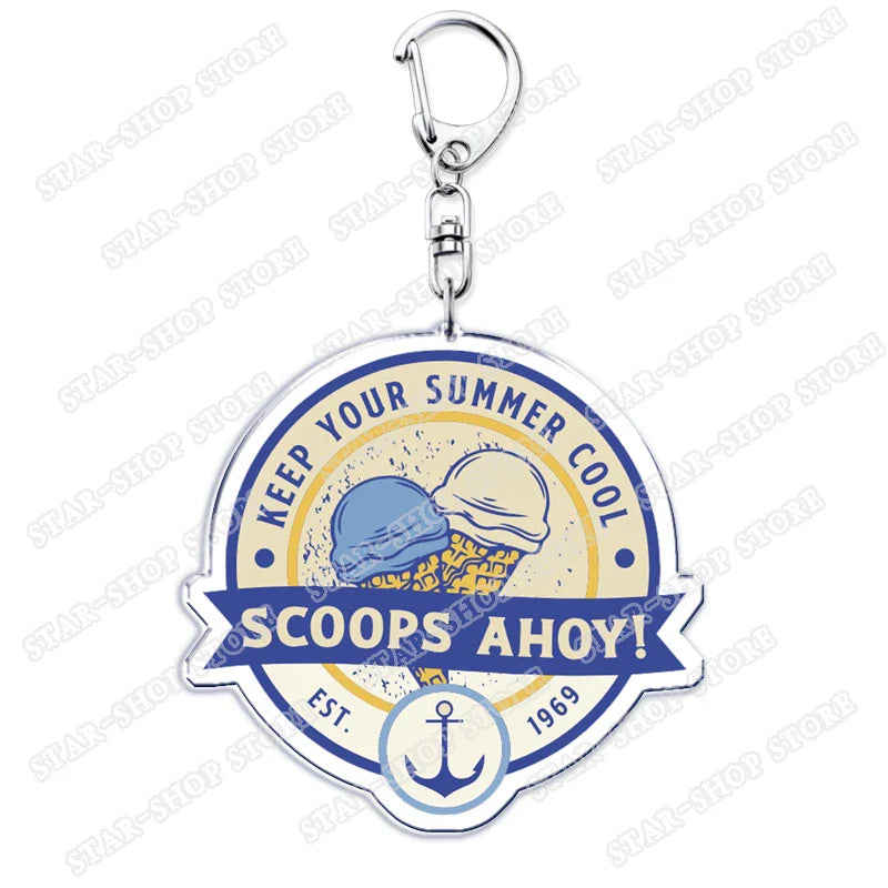Blue and white circular elements keychain accessories with vintage ice cream design for byers eleven mike jewelry fans gifts