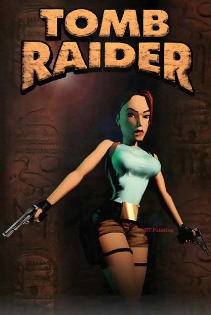A stylized tealed and brown canvas painting of lara croft from tomb raider for modern gamer room decor