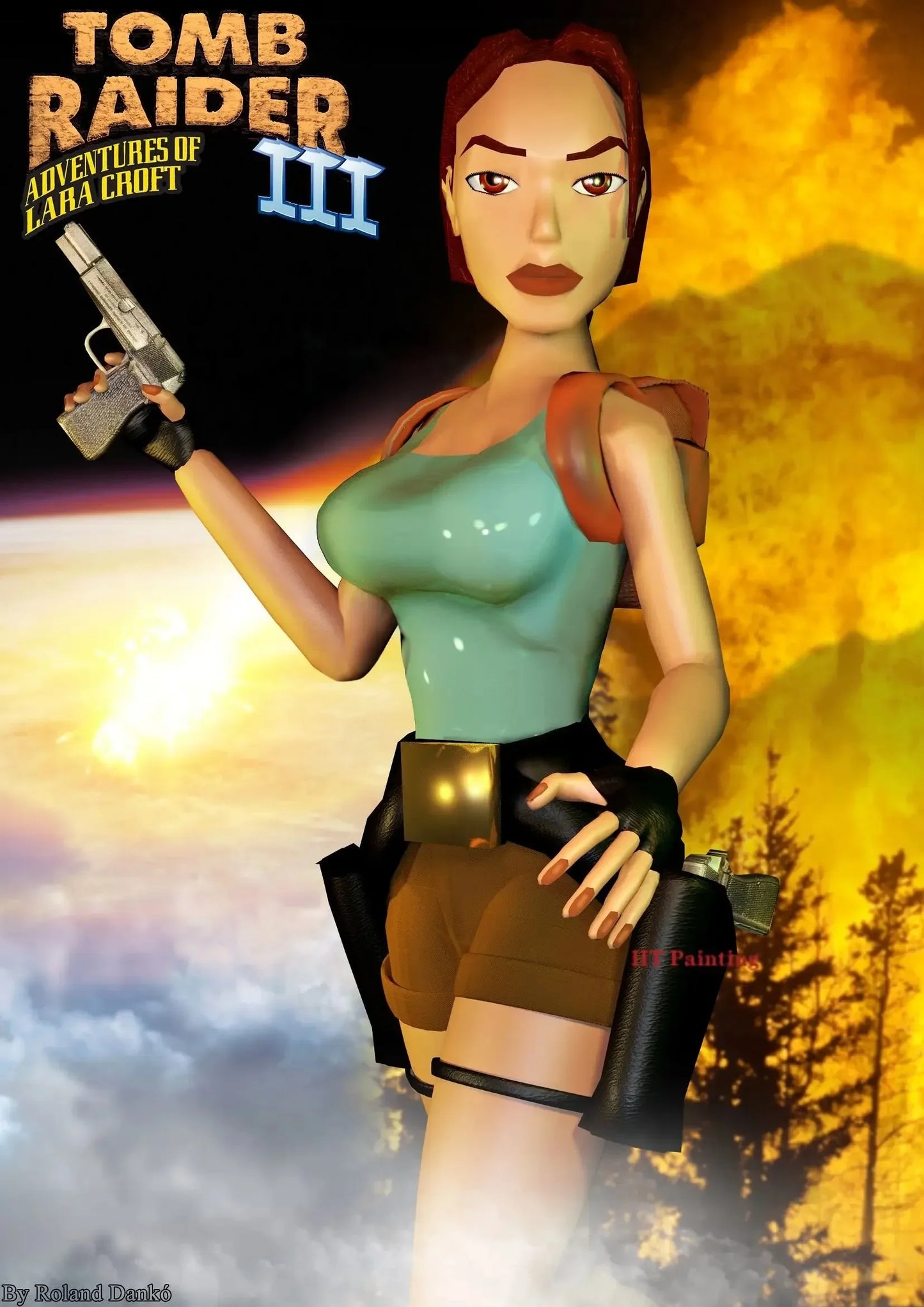 A digital illustration of lara croft in teal tank top and brown shorts on a hd printed canvas wall art poster