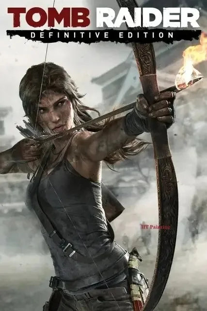 Hot vedio game tomb raider poster featuring a woman in dark gray tactical gear with wood-textured bow and flaming arrow