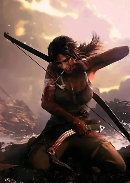Hot vedio game tomb raider poster featuring a dark-haired woman in brown leather drawing a bow at sunset on canvas wall art