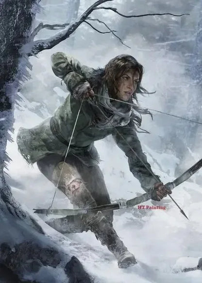 Olive-green rugged tactical coat with reinforced patches and high collar featured in tomb raider poster canvas art